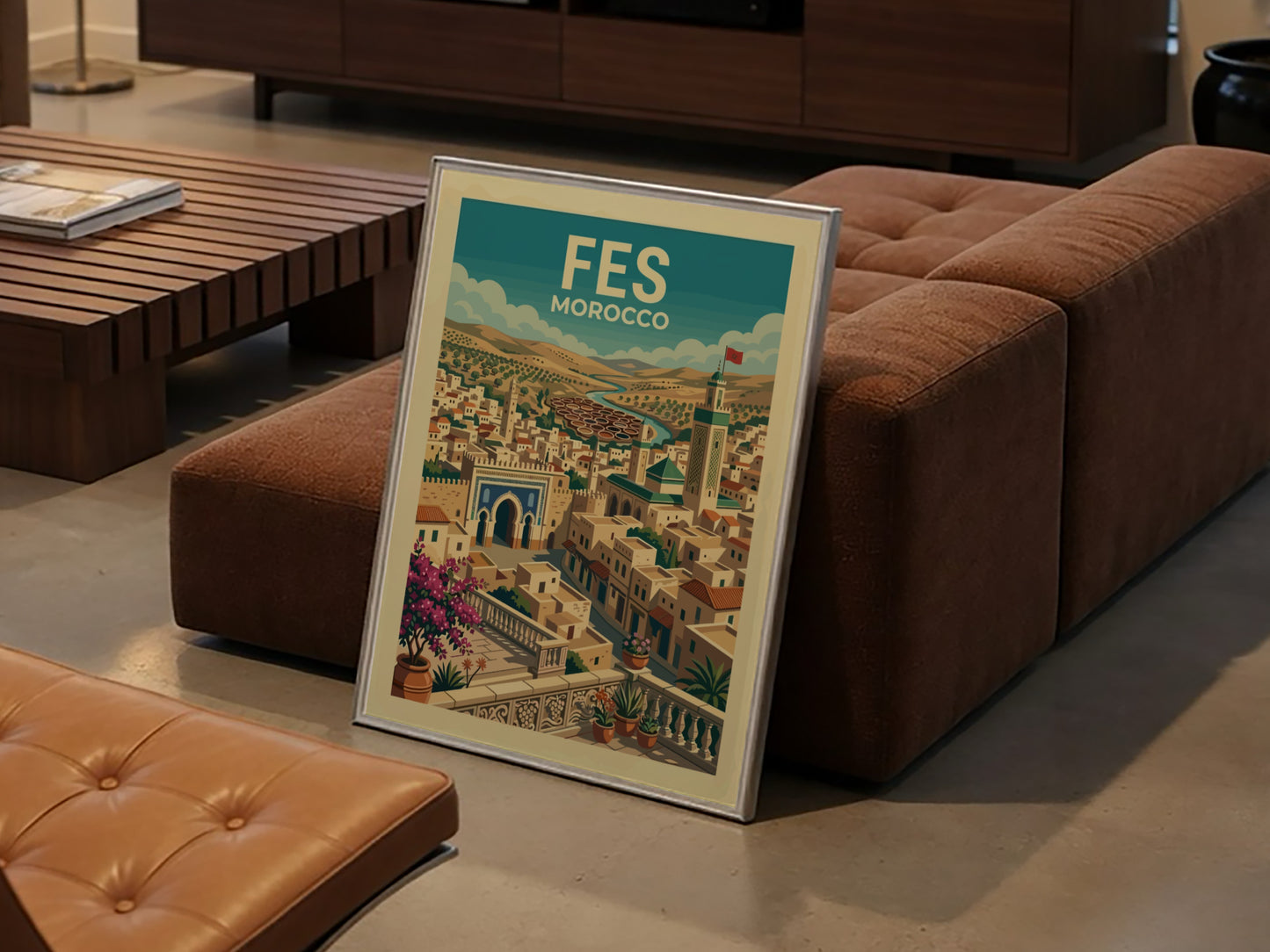 Fes Morocco travel poster with stylized illustration of the city's architecture and landscape.
