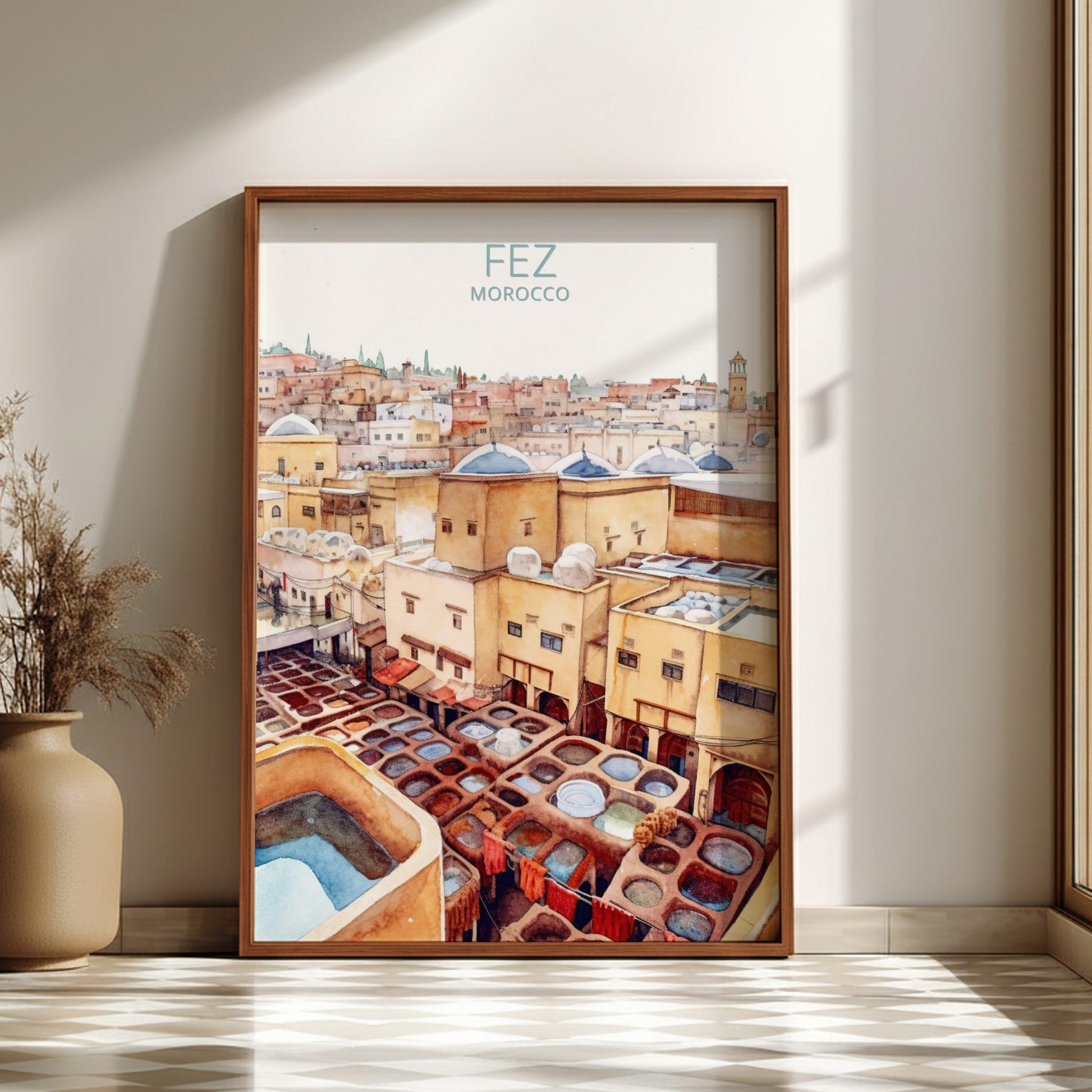 Framed artwork of Fez, Morocco with a view of colorful rooftops and tanneries.