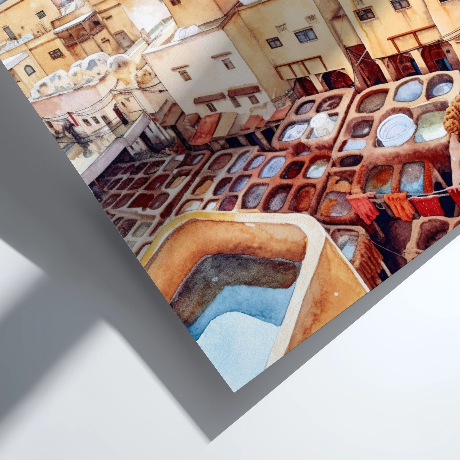 Artistic depiction of a cityscape with buildings and a boat, likely a watercolor painting.