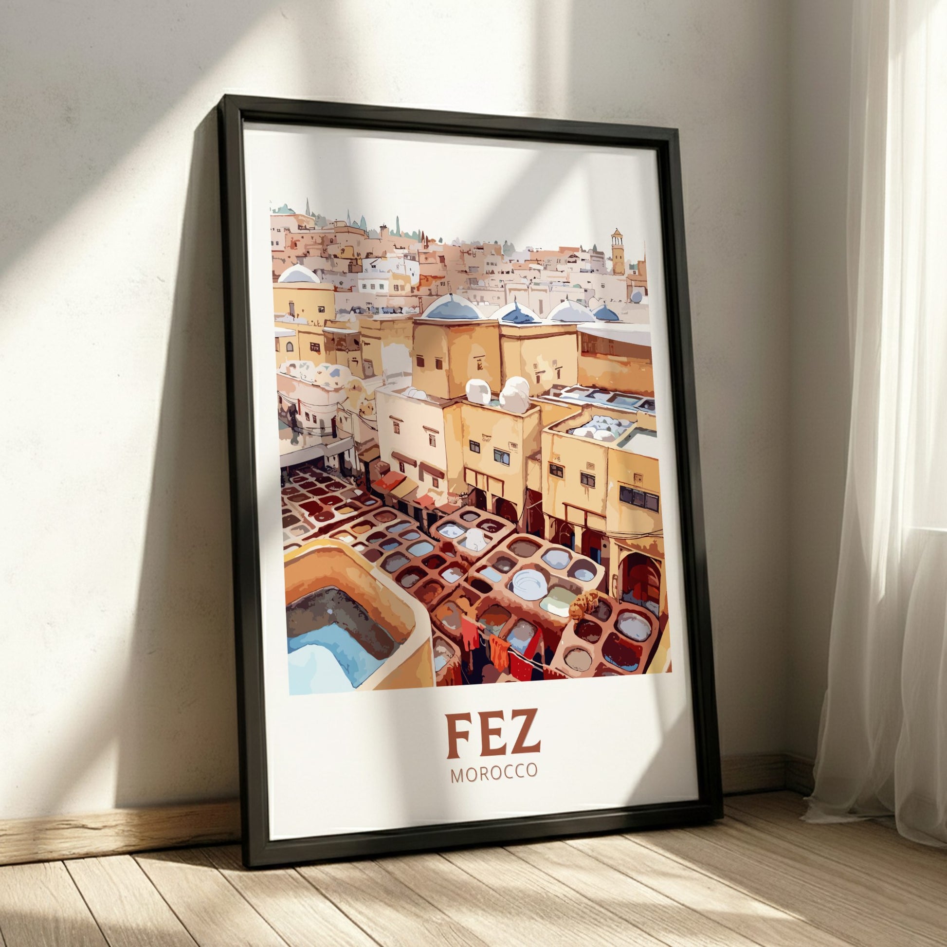 Framed poster of Fez, Morocco with a view of the city and tanneries.