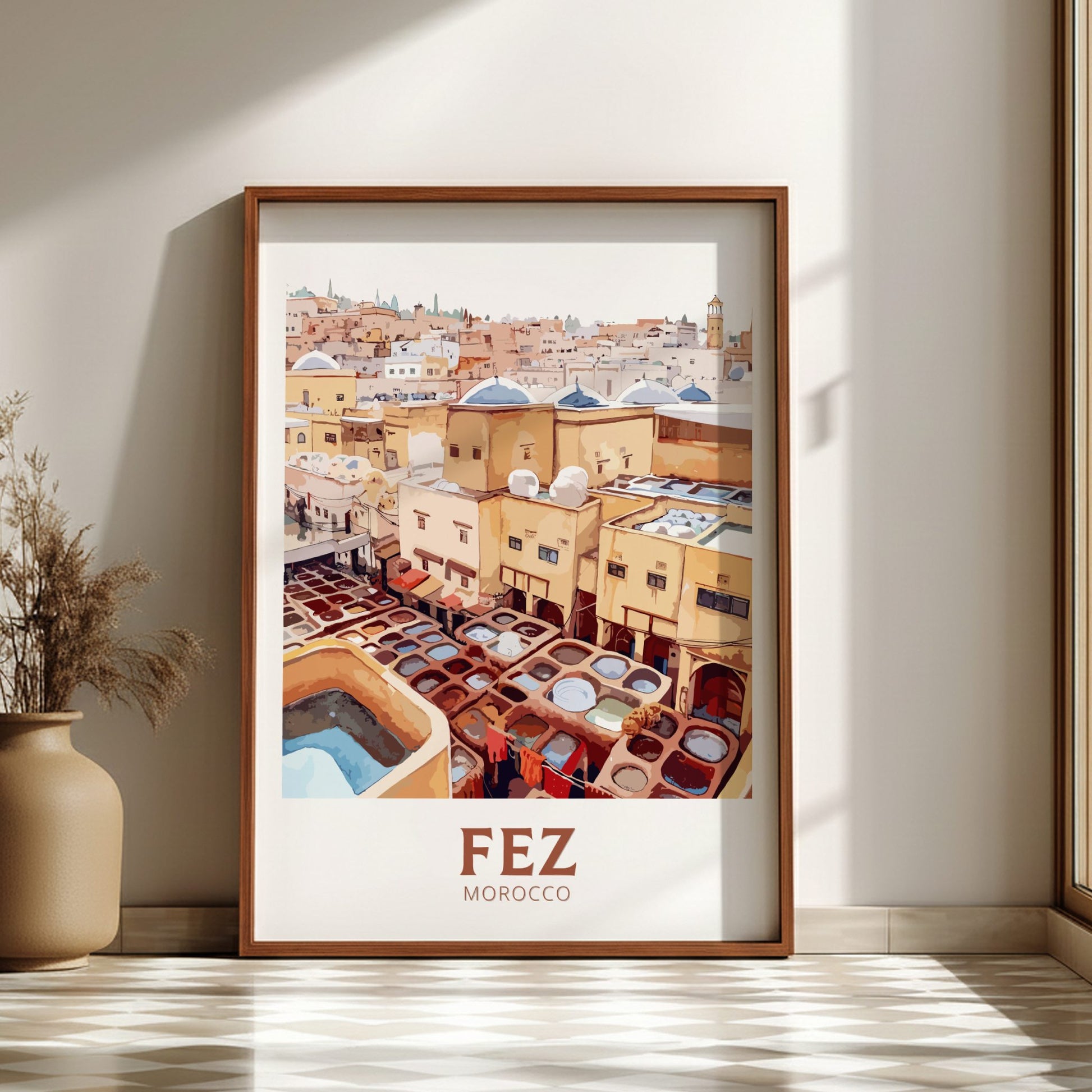 Framed print of Fez, Morocco with a view of the city and tanneries.