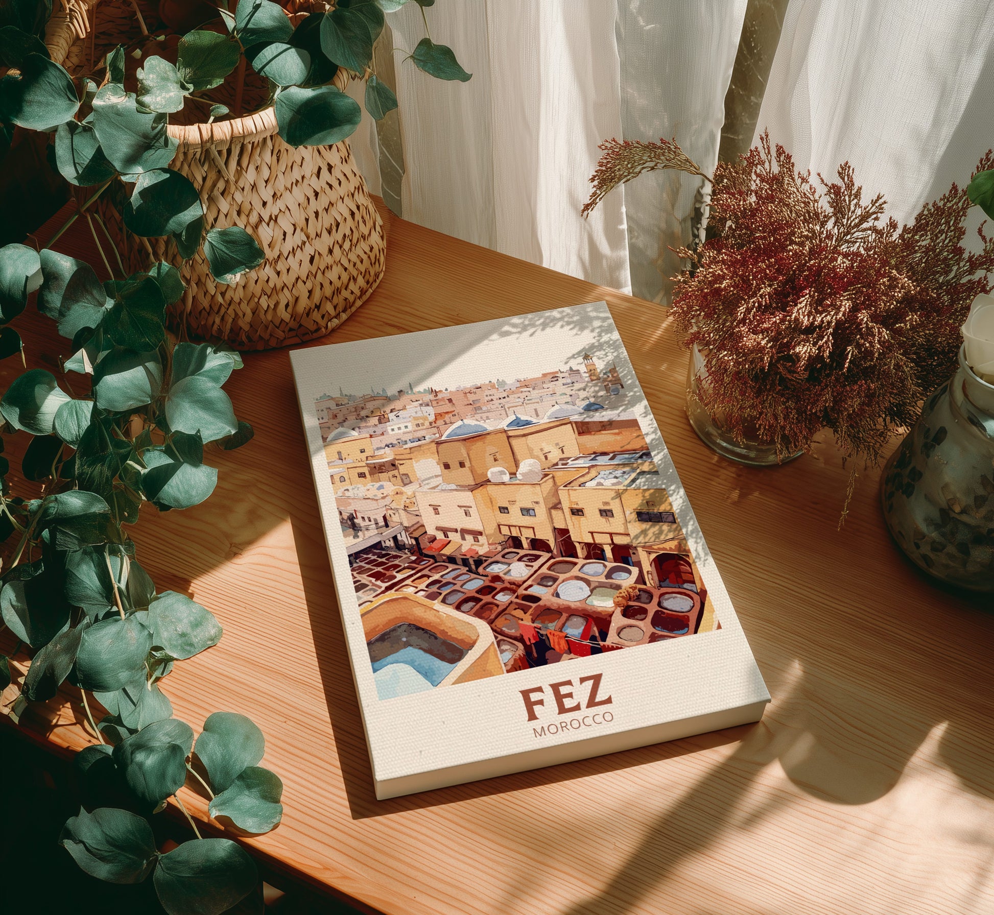 Canvas 'Fez Morocco' on a wooden table with plants