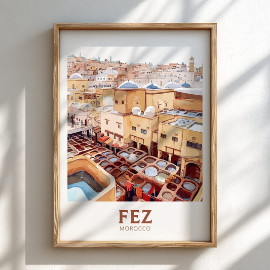 Framed artwork of Fez, Morocco with a wooden frame on a light background