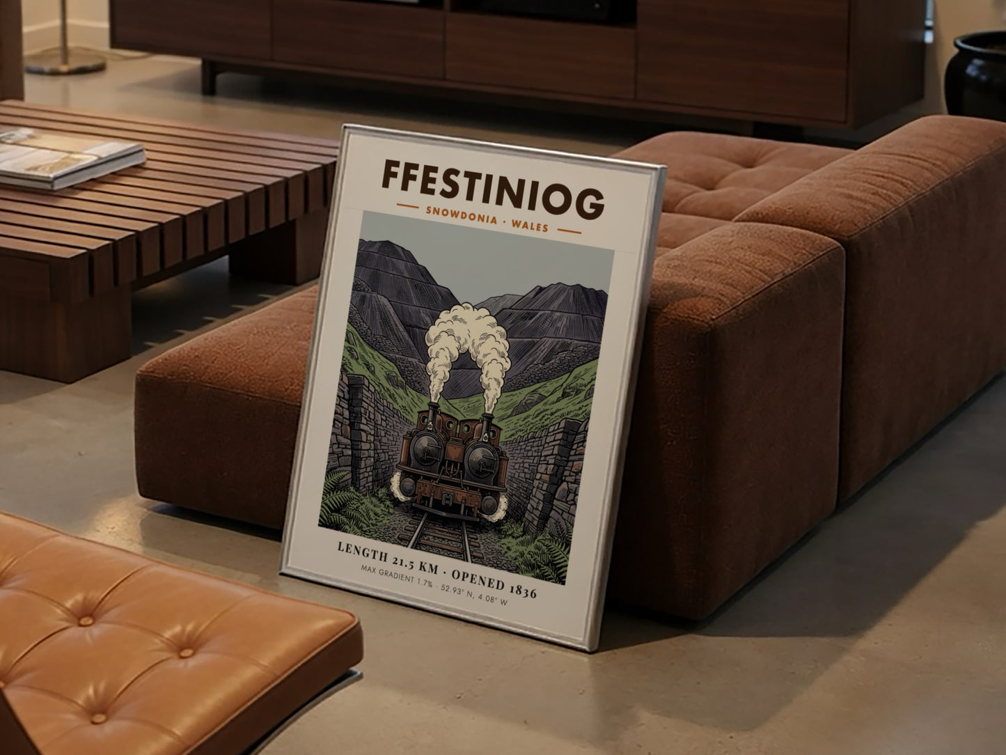 Poster of a double-headed steam train emerging from a rocky Snowdonia mountain pass.