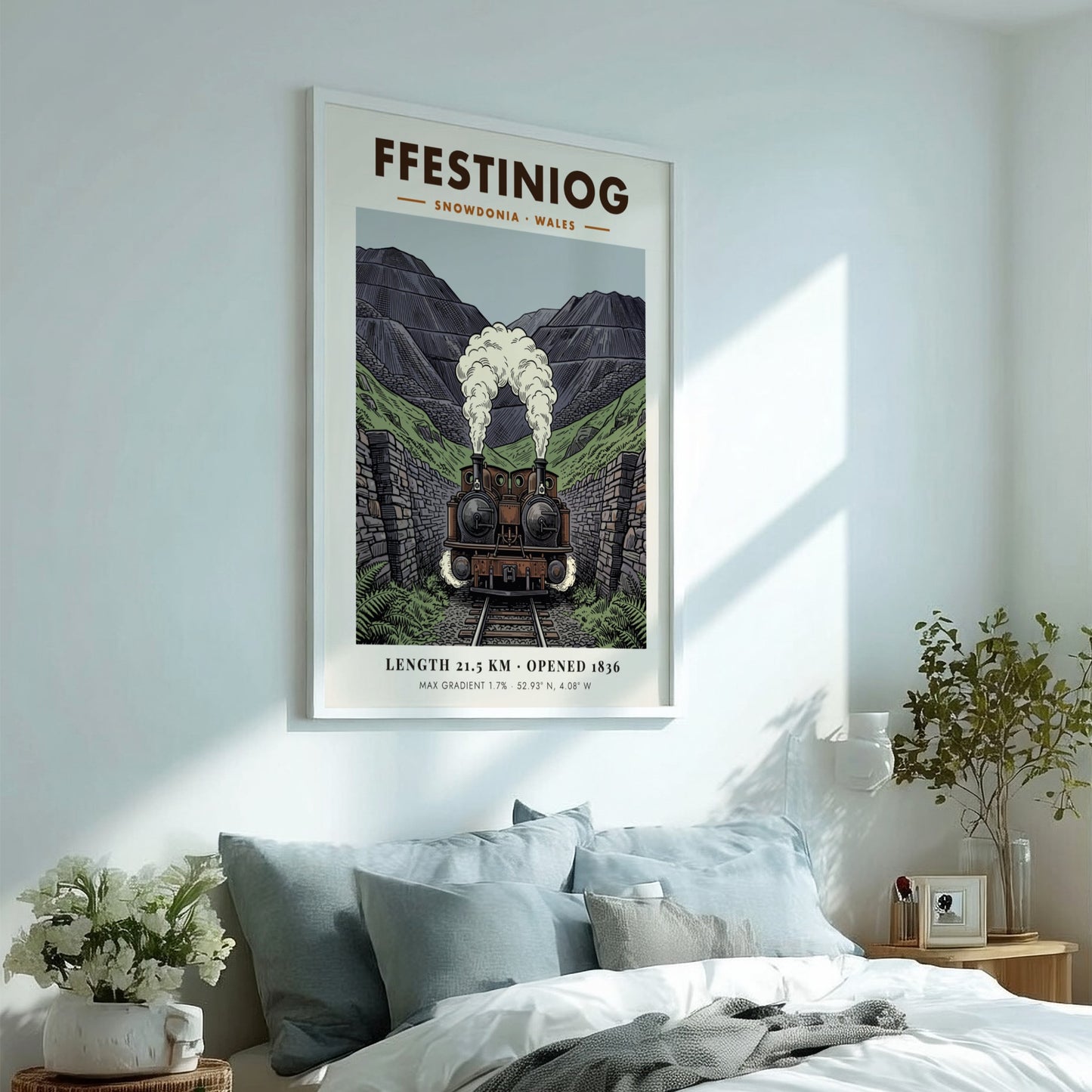 Poster of a double-headed steam train emerging from a rocky Snowdonia mountain pass.