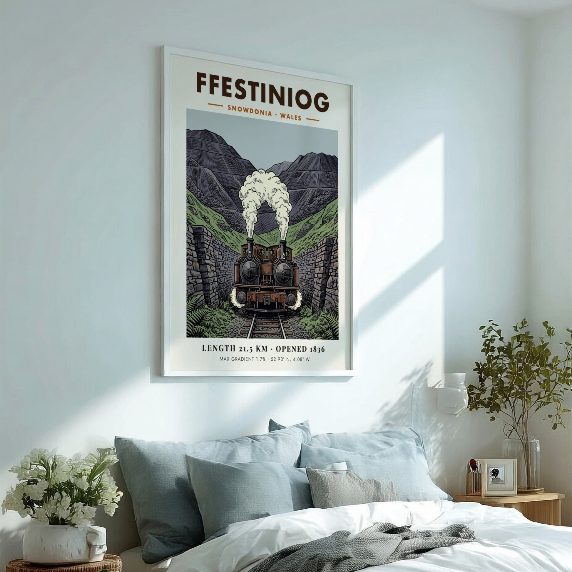 Poster of a double-headed steam train emerging from a rocky Snowdonia mountain pass.