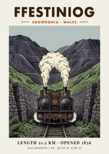 Poster of a double-headed steam train emerging from a rocky Snowdonia mountain pass.