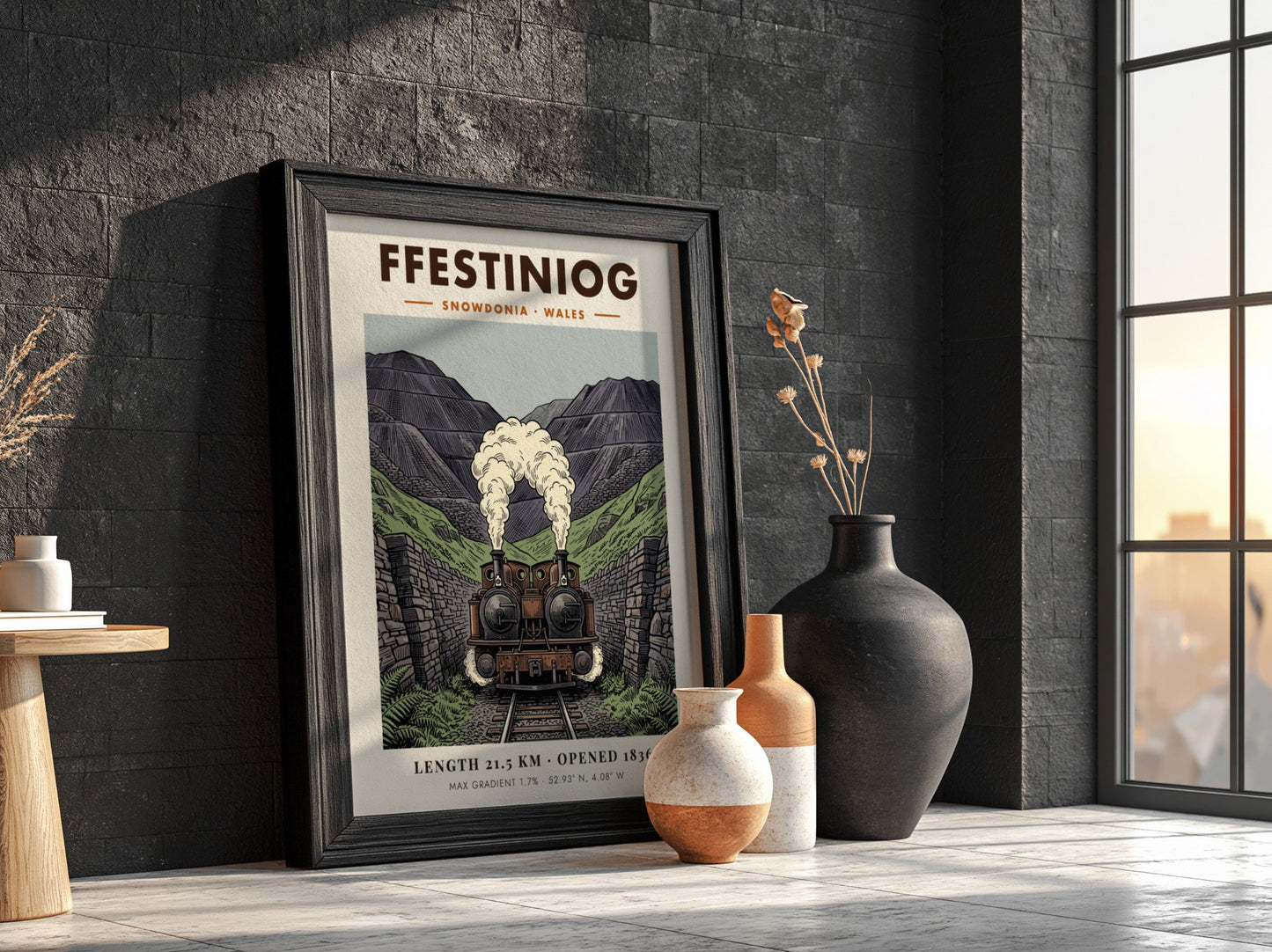 Poster of a double-headed steam train emerging from a rocky Snowdonia mountain pass.