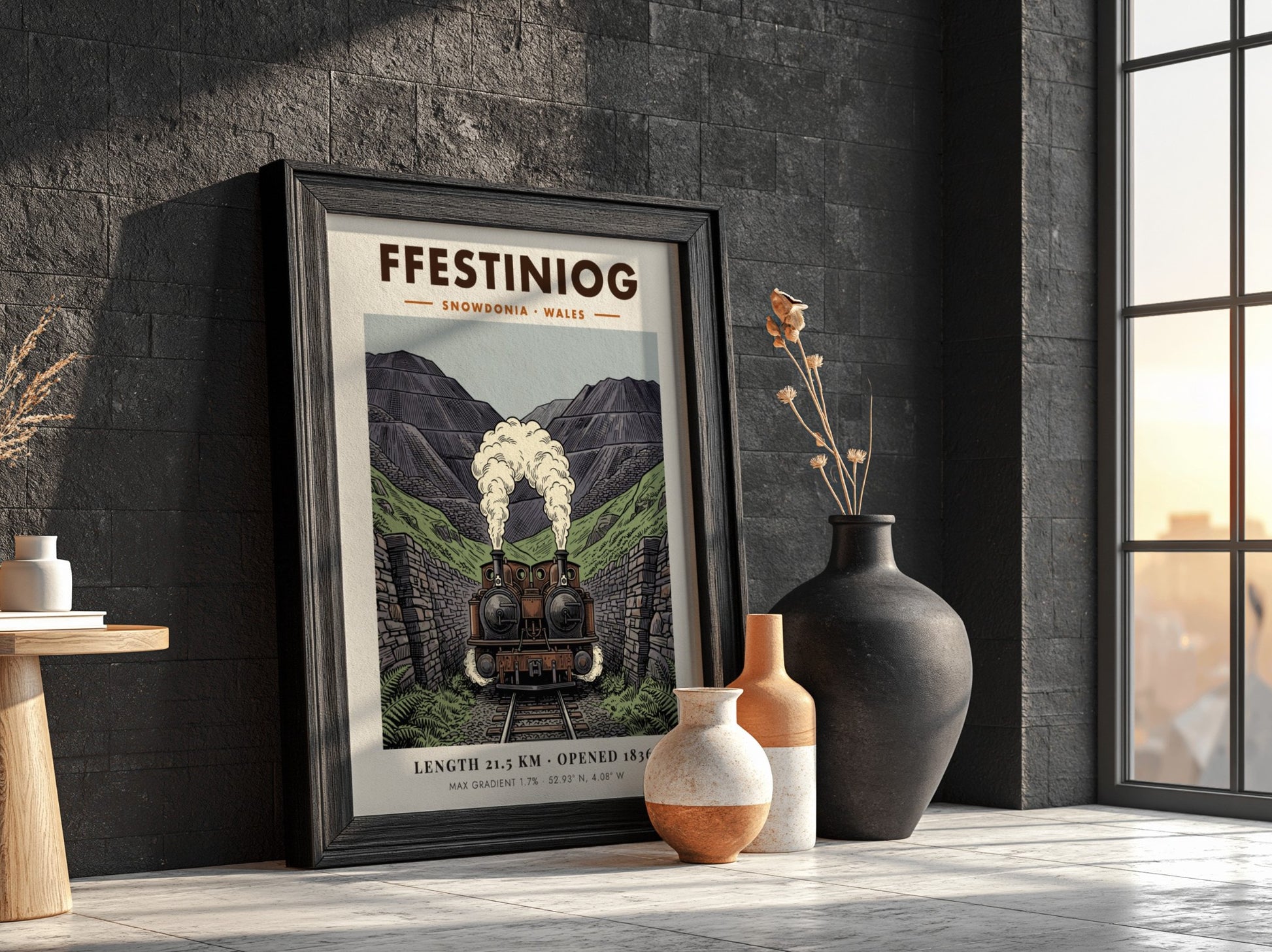 Poster of a double-headed steam train emerging from a rocky Snowdonia mountain pass.