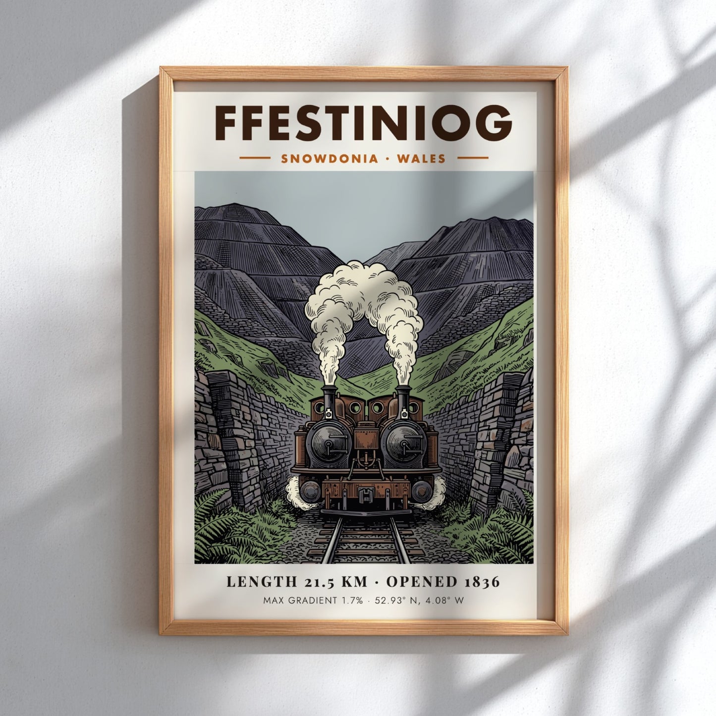 Poster of a double-headed steam train emerging from a rocky Snowdonia mountain pass.