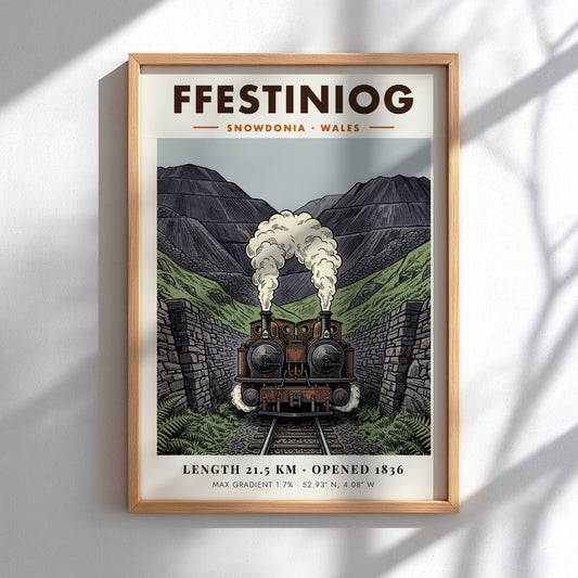 Poster of a double-headed steam train emerging from a rocky Snowdonia mountain pass.