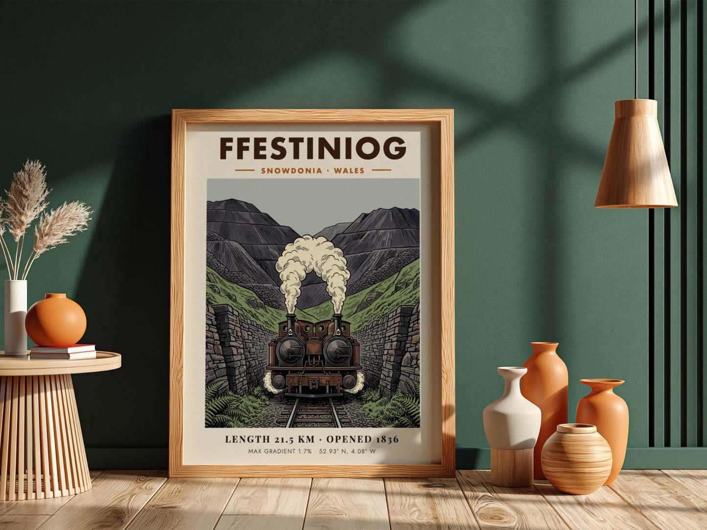 Poster of a double-headed steam train emerging from a rocky Snowdonia mountain pass.