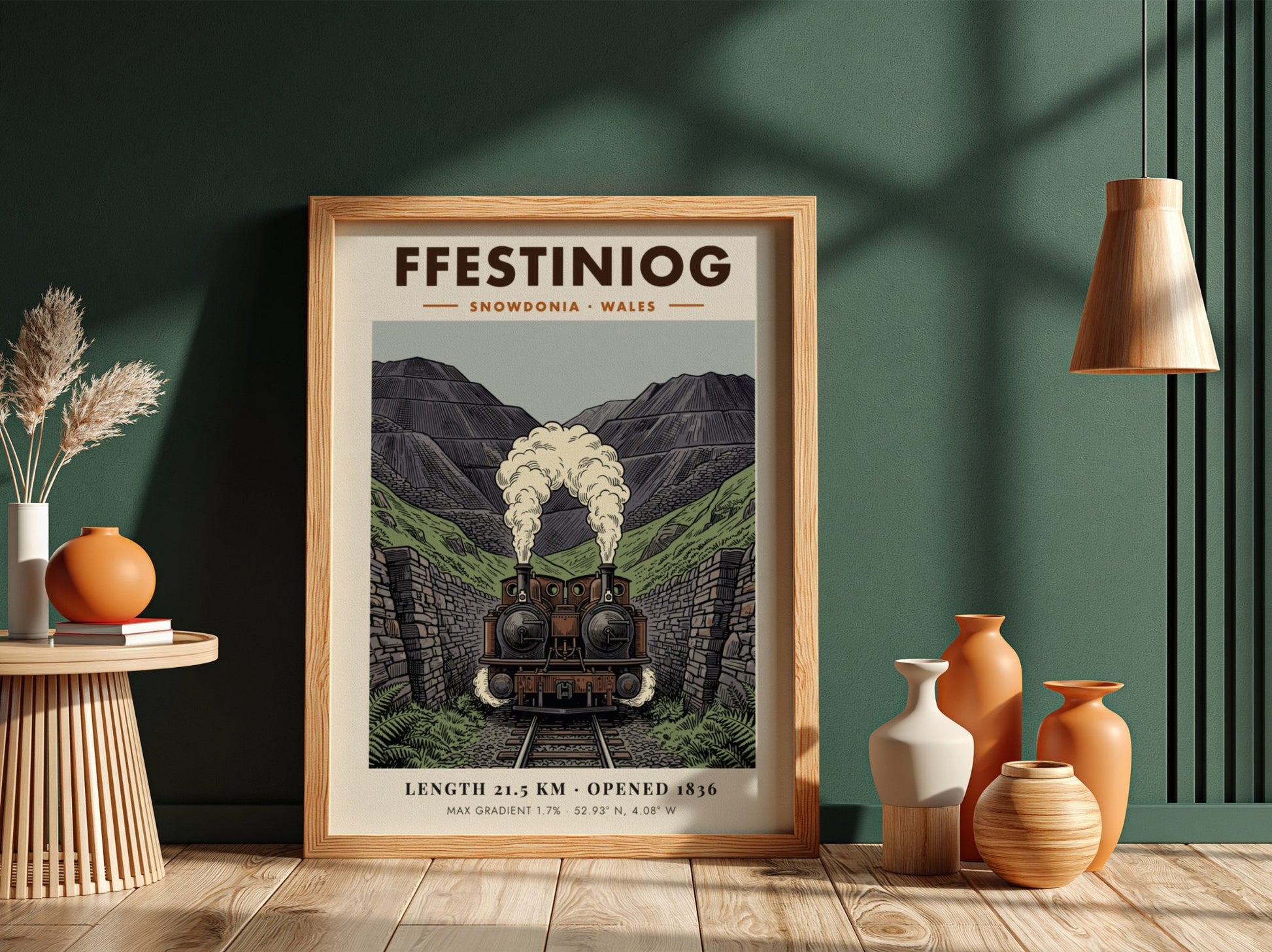Poster of a double-headed steam train emerging from a rocky Snowdonia mountain pass.