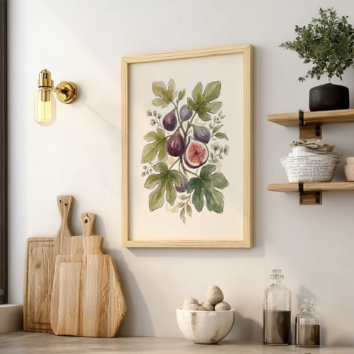 Poster featuring a watercolour illustration of fresh figs and green leaves on cream background