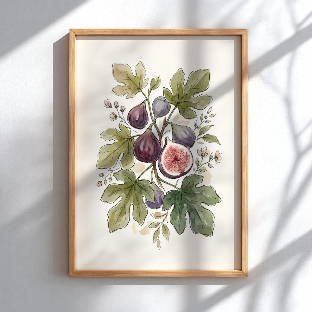 Poster featuring a watercolour illustration of fresh figs and green leaves on cream background