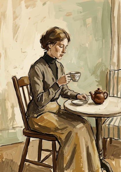 Poster featuring a woman drinking tea in a vintage impressionist oil painting style