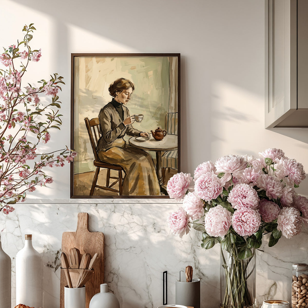 Poster featuring a woman drinking tea in a vintage impressionist oil painting style