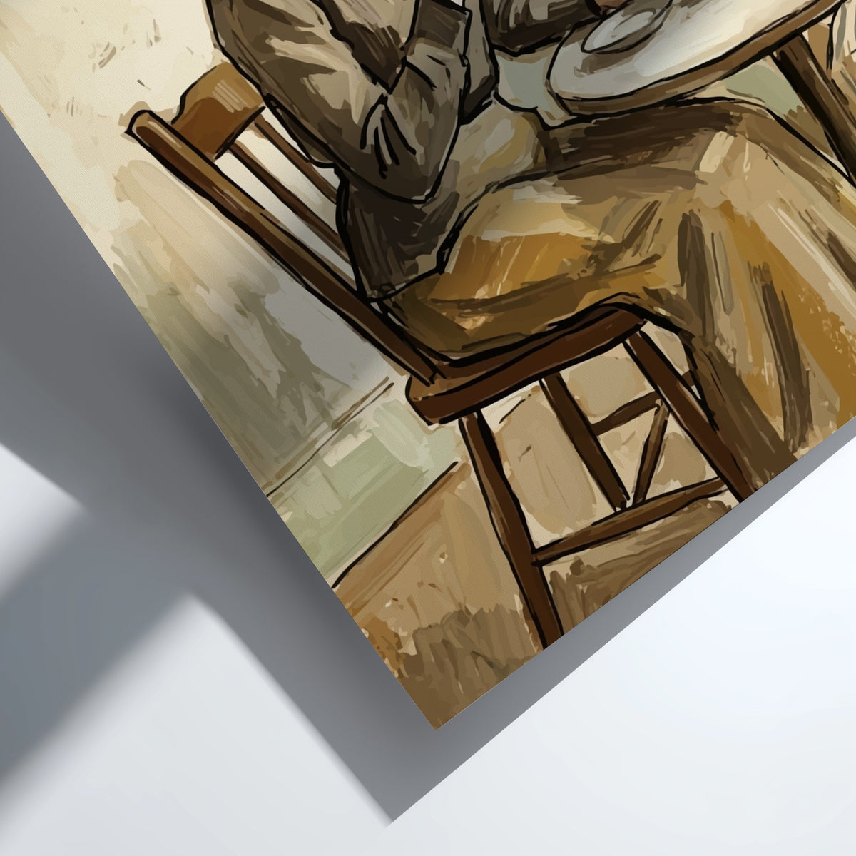 Poster featuring a woman drinking tea in a vintage impressionist oil painting style