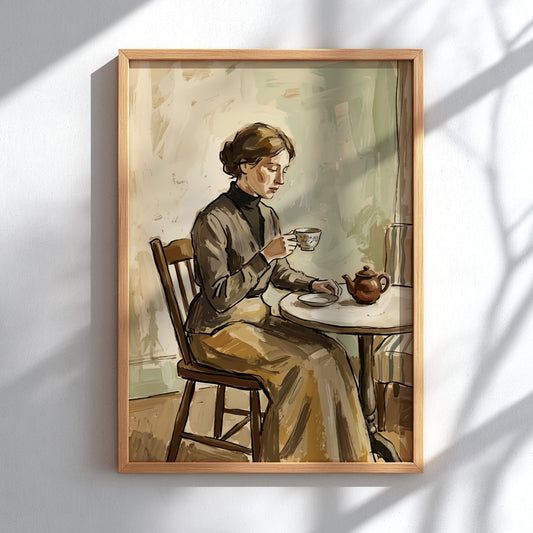 Poster featuring a woman drinking tea in a vintage impressionist oil painting style