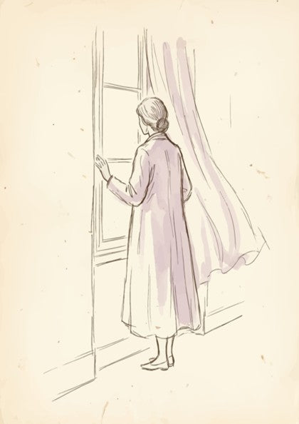 Poster featuring a vintage pencil sketch of a woman standing by a window