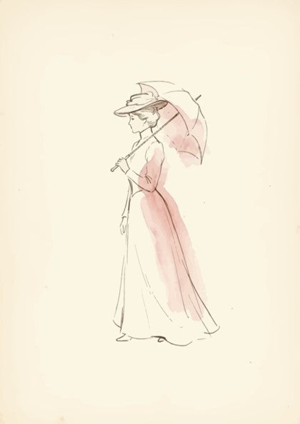 Poster featuring a minimalist sketch of an Edwardian lady with a parasol in rose
