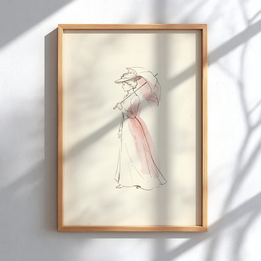 Poster featuring a minimalist sketch of an Edwardian lady with a parasol in rose