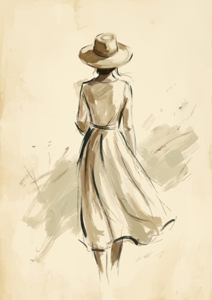 Poster of a woman wearing a sun hat in a soft minimalist charcoal sketch