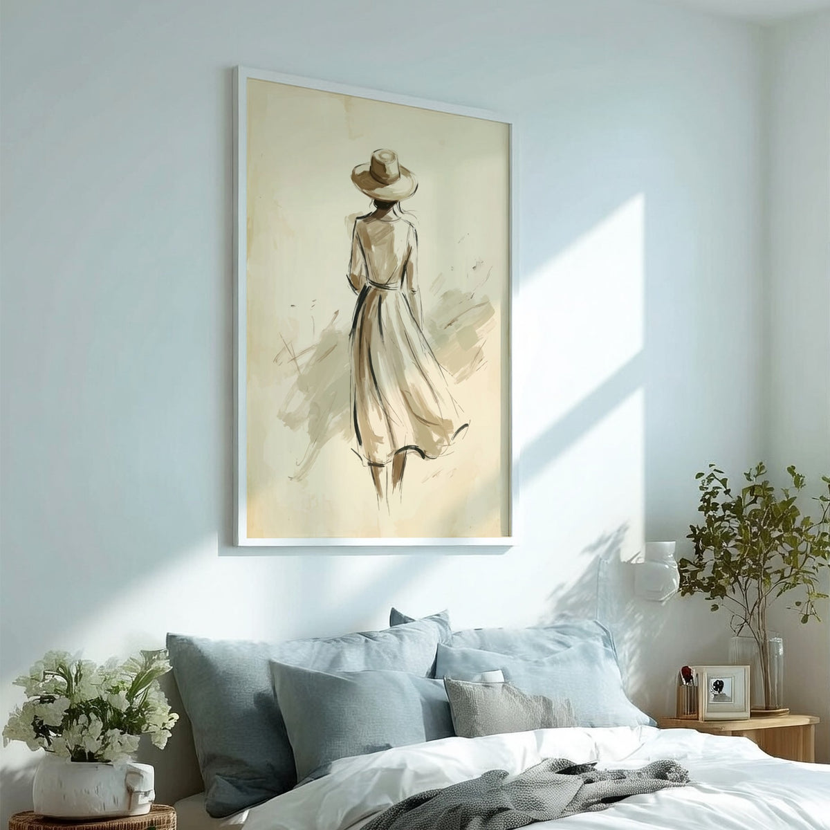 Poster of a woman wearing a sun hat in a soft minimalist charcoal sketch