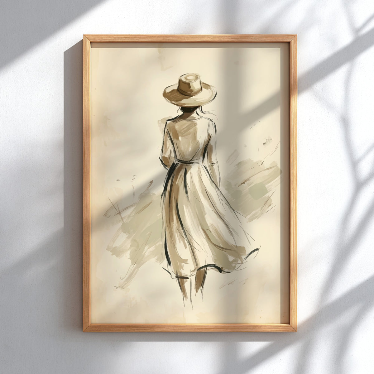 Poster of a woman wearing a sun hat in a soft minimalist charcoal sketch