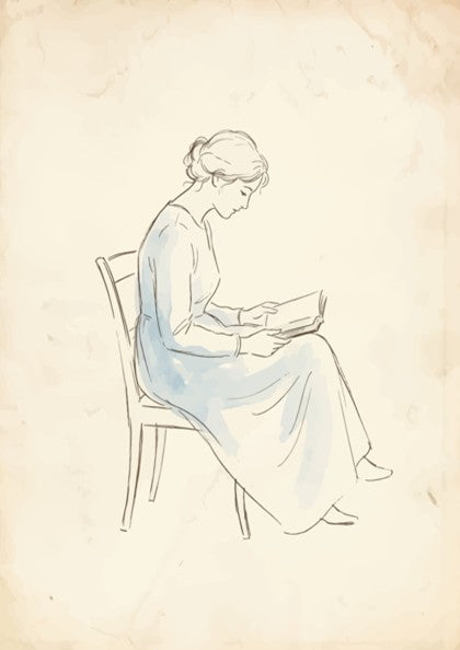 Poster featuring a graceful woman in a blue dress reading a book, vintage sketch