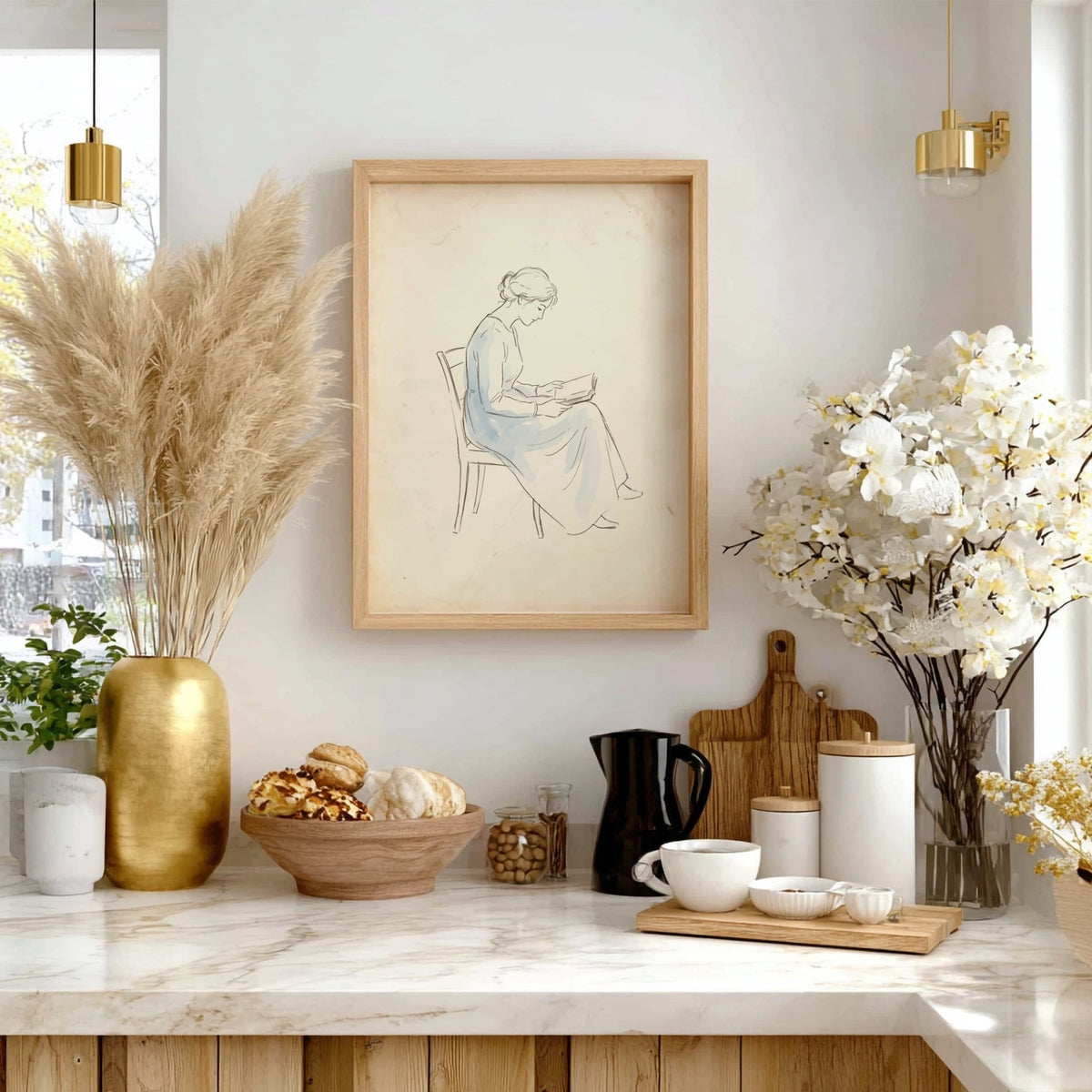 Poster featuring a graceful woman in a blue dress reading a book, vintage sketch