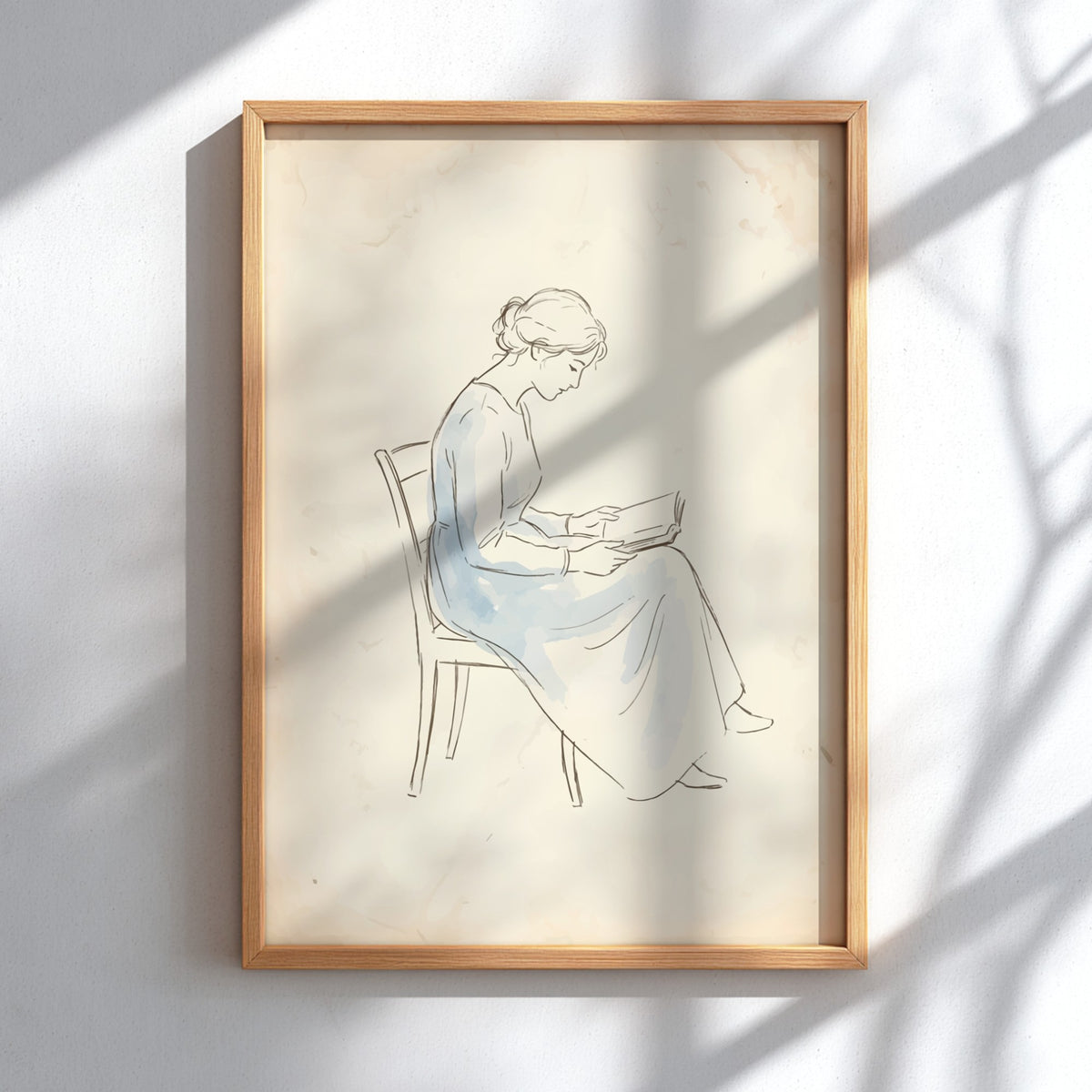 Poster featuring a graceful woman in a blue dress reading a book, vintage sketch