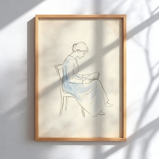 Poster featuring a graceful woman in a blue dress reading a book, vintage sketch