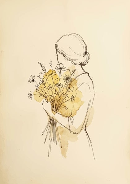 Poster featuring a minimalist ink sketch of a woman holding a bouquet of wildflowers
