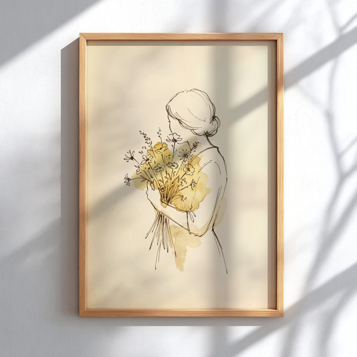 Poster featuring a minimalist ink sketch of a woman holding a bouquet of wildflowers