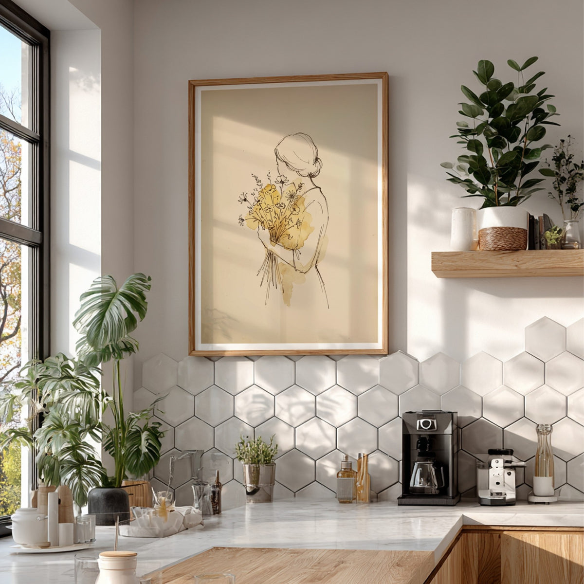 Poster featuring a minimalist ink sketch of a woman holding a bouquet of wildflowers