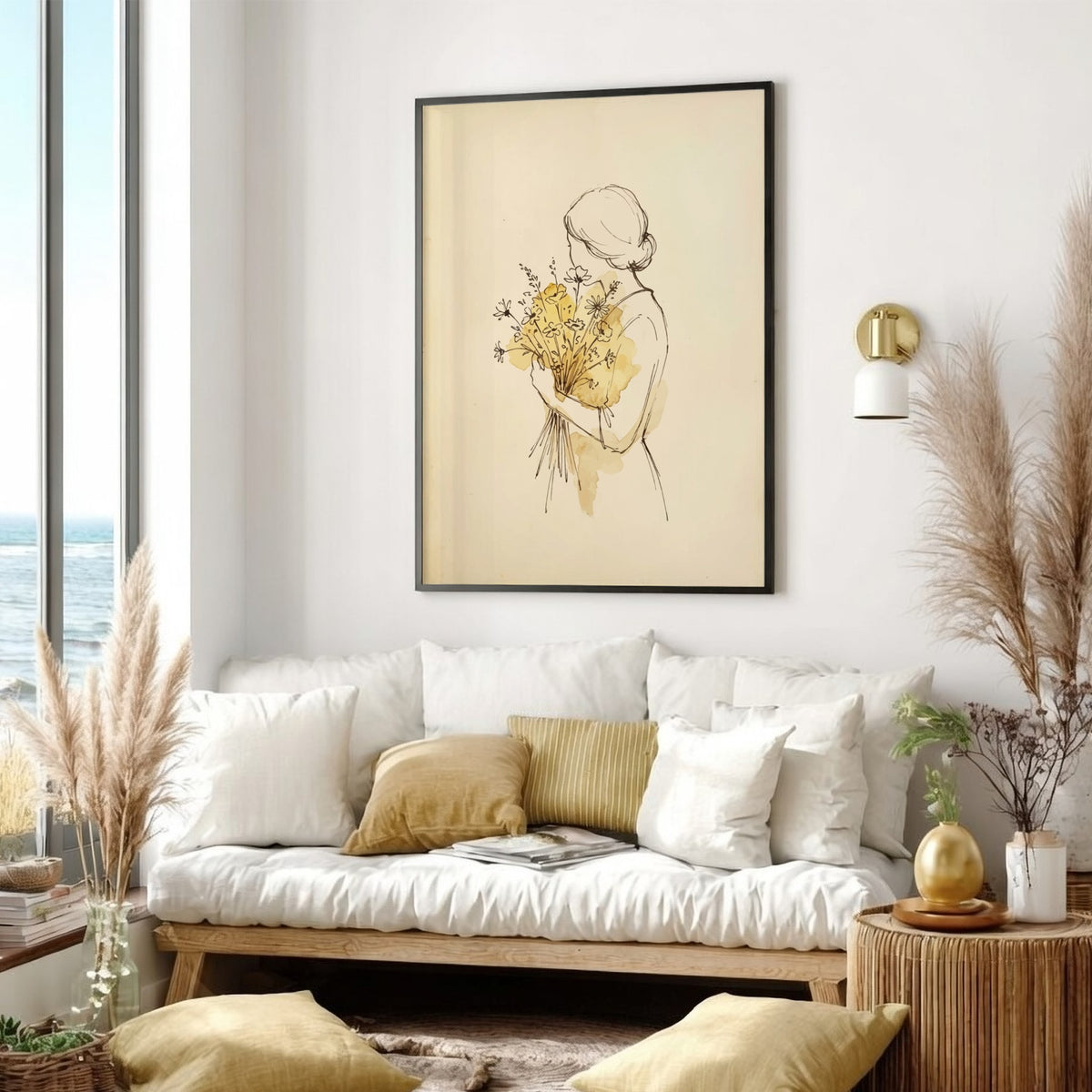 Poster featuring a minimalist ink sketch of a woman holding a bouquet of wildflowers