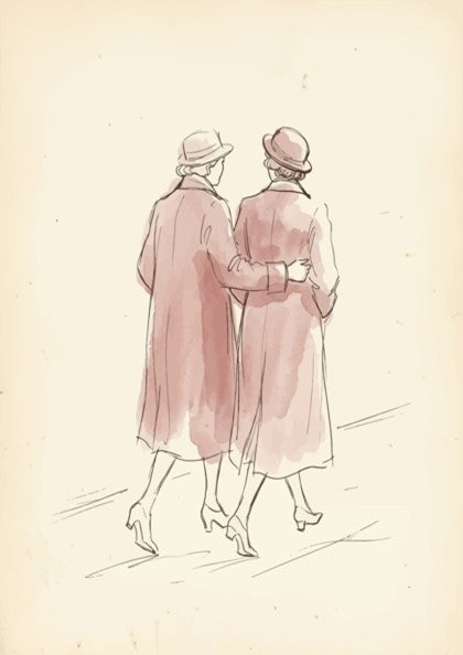 Poster of two women in vintage coats walking arm in arm, watercolour illustration style