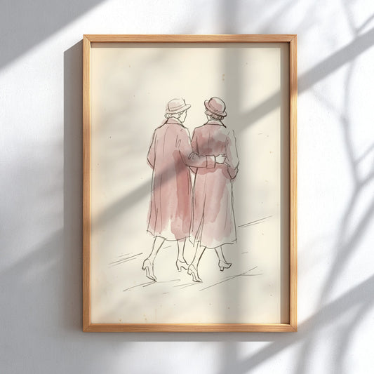 Poster of two women in vintage coats walking arm in arm, watercolour illustration style