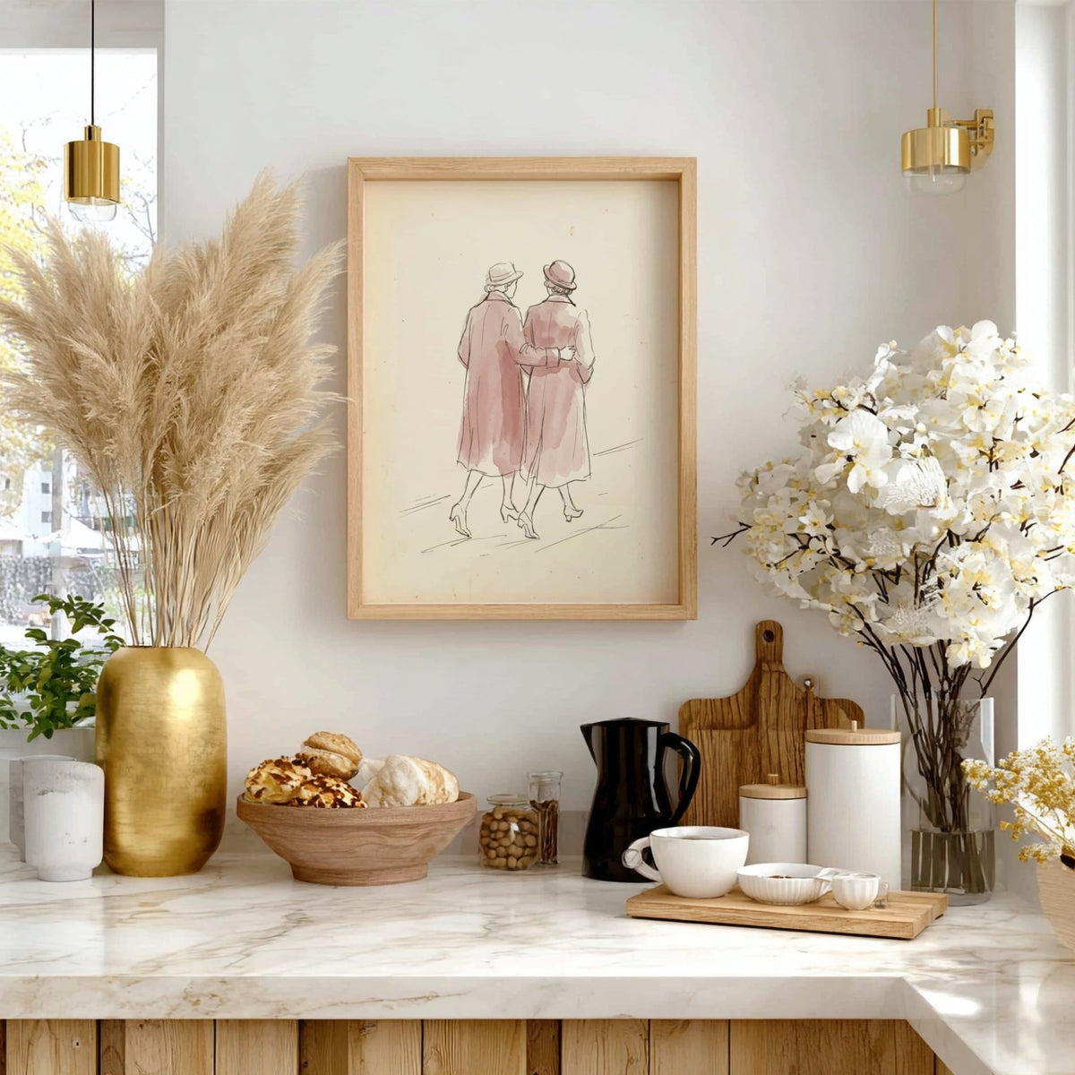 Poster of two women in vintage coats walking arm in arm, watercolour illustration style