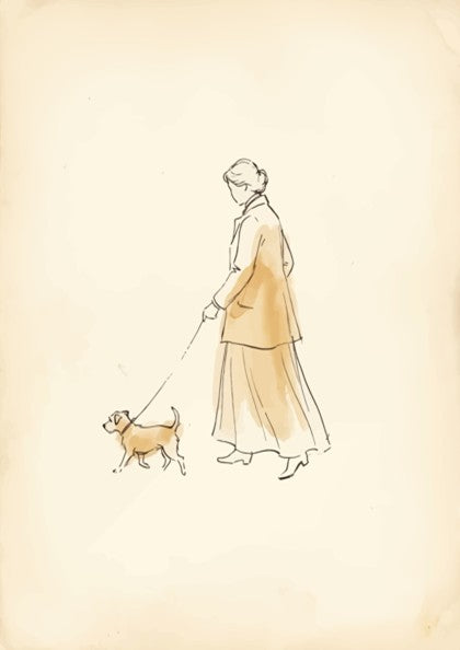 Poster featuring a minimalist ink sketch of a woman walking her small dog