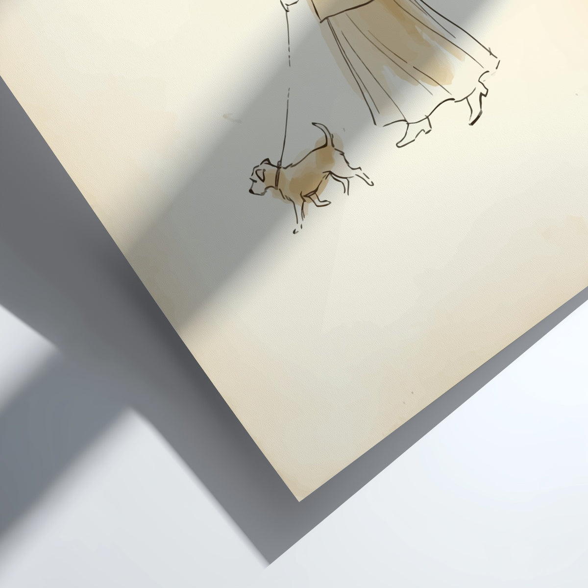 Poster featuring a minimalist ink sketch of a woman walking her small dog