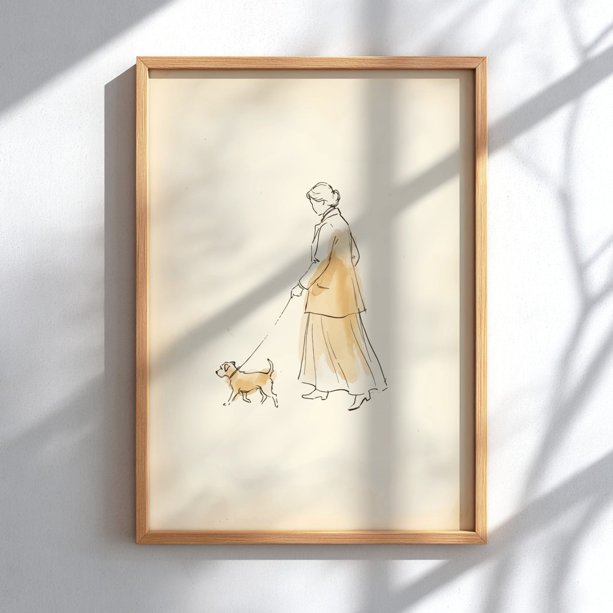 Poster featuring a minimalist ink sketch of a woman walking her small dog