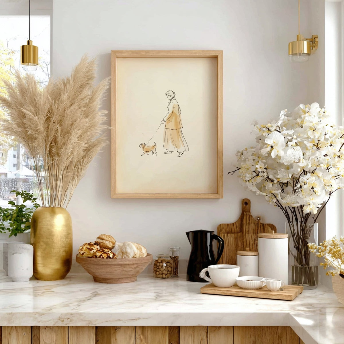 Poster featuring a minimalist ink sketch of a woman walking her small dog