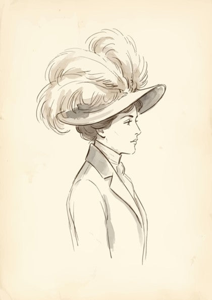 Poster featuring an ink sketch of an Edwardian woman wearing a large feathered hat.