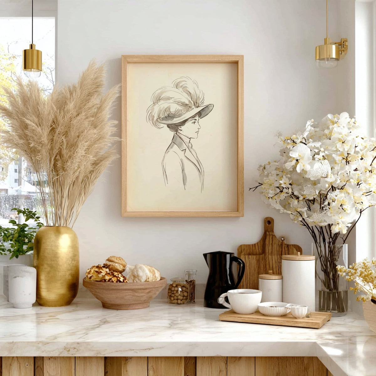 Poster featuring an ink sketch of an Edwardian woman wearing a large feathered hat.