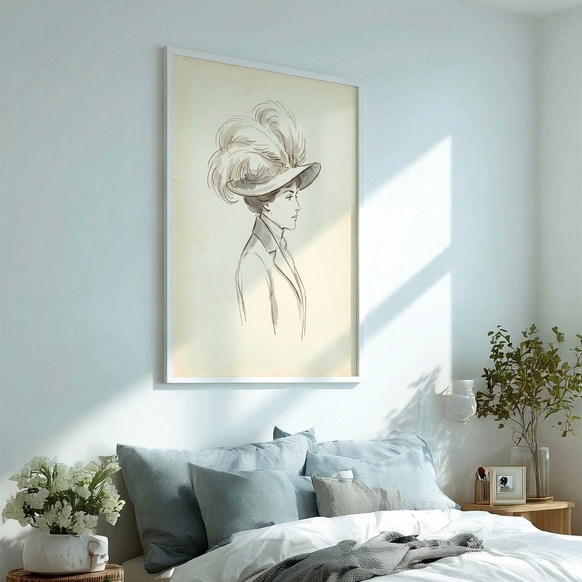 Poster featuring an ink sketch of an Edwardian woman wearing a large feathered hat.