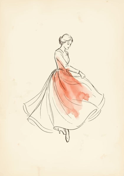 Poster featuring a graceful woman dancing in a coral watercolor dress with ink lines.