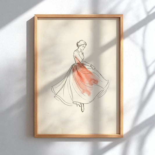 Poster featuring a graceful woman dancing in a coral watercolor dress with ink lines.
