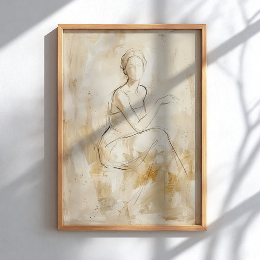 Poster featuring a minimalist charcoal sketch of a seated woman in warm neutral tones.
